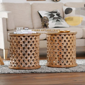 Wooden Coffee Table Round Lattice Carved Wood Accent Table Home Decor Room Decor Indian Handicraft Art Etsy Australia