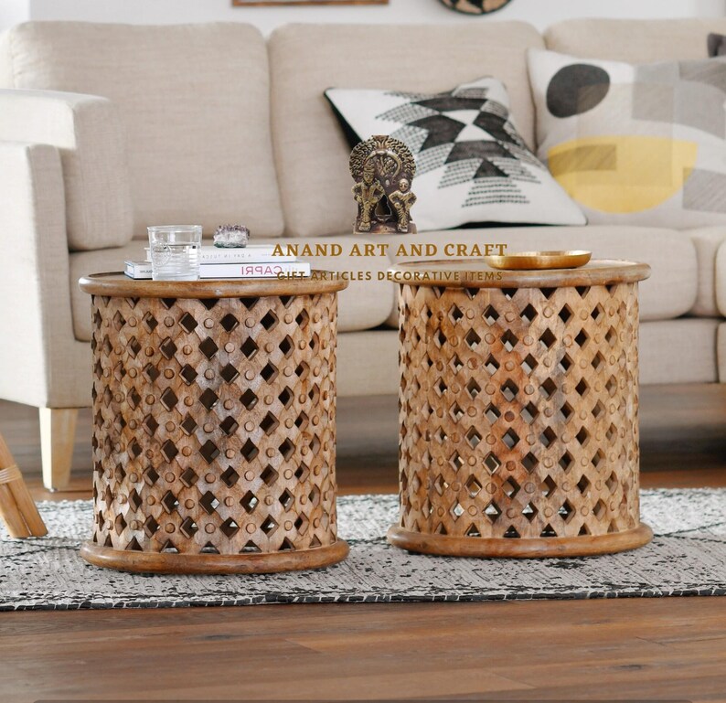 Wooden Coffee Table Round Lattice Carved Wood Accent Table/ Etsy