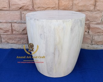 Solid Wood End Table White Wash Finished Coffee table wooden Cocktail Table Wood Drum Accent Table Hand Made Round Home Decor Table Art