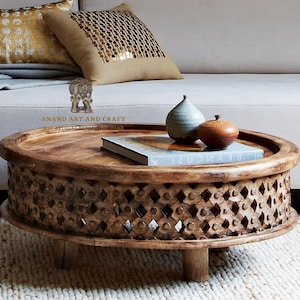 Wood Coffee Table Curved Table in Raw Mango Lattice Round Coffee Table Home Decor Room Decor Beautiful Decor Indian Handicraft Art