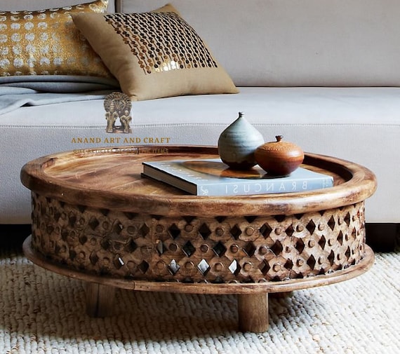 Wood Coffee Table Curved Table in Raw Mango Lattice Round Coffee