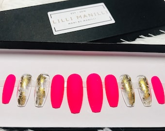 Uñas postizas de óxido rosa / Uñas de ataúd con lámina dorada