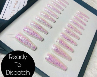 Uñas postizas Twinkle Unicorn / Ataúd extralargas, acrílico con purpurina