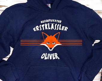 Erster Schultag Hoodie, Schulanfänger Hoodie, Schulkind, mit Namen personalisiert, Premium Qualität, Geschenk Einschulung, Kapuzenpullover