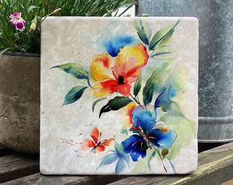 Marble tile with flower watercolor, decorative jewelry tile made of real marble, 10 x 10 cm, 15 x 15 cm, optional with hanging, gift idea