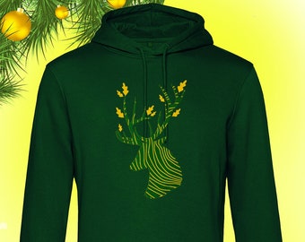 Christmas hoodie, organic cotton, hoodie with deer in velvety flock print, unisex, gift, friends, family, Fairtrade