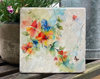 Marmorfliese mit Blumen-Aquarell, dekorative Schmuckkachel aus echtem Marmor, 10x10 cm, 15x15 cm, optional mit Aufhängung, Geschenkidee