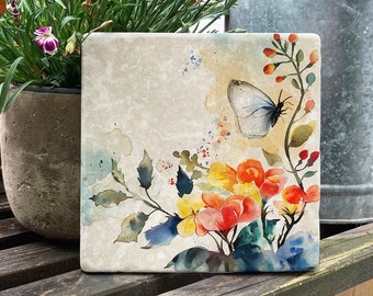 Marble tile with flower watercolor, decorative jewelry tile made of real marble, 10 x 10 cm, 15 x 15 cm, optional with hanging, gift idea