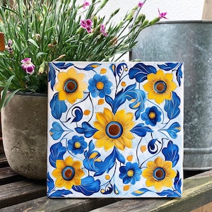 Kachel mit Blumenmuster, Untersetzer, Keramikfliese, 15x15, 10x10 cm, Wandfliese, Schmuckkachel opt. mit Aufhänger, Fliese mit Sonnenblume