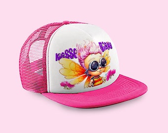 Girls trucker cap, "cheeky bee", customizable gift, vintage snapback, retro cap, pink and white girls cap