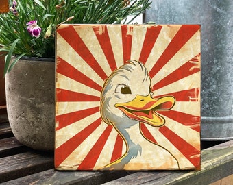 Marmorfliese mit Comic Ente, Vintagelook, dekorative Schmuckkachel aus echtem Marmor, 10x10, 15x15 cm, optional mit Aufhängung, Geschenkidee