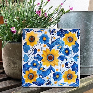 Kachel mit Blumenmuster, Untersetzer, Keramikfliese, 15x15, 10x10 cm, Wandfliese, Schmuckkachel opt. mit Aufhänger, Fliese mit Sonnenblume