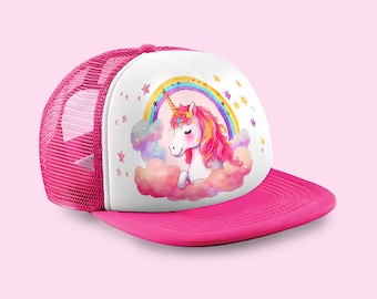 Girls trucker cap, unicorn under rainbow, customizable gift, vintage snapback, retro cap, pink and white girls cap