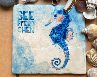 Marble tile with seahorse, decorative decorative tile made of real marble, 10 x 10 cm, 15 x 15 cm, optional with hanging, gift idea