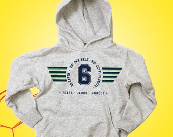 Children's hoodie 6 years old, birthday hoodie with number for children, customizable, light gray mottled, trilingual