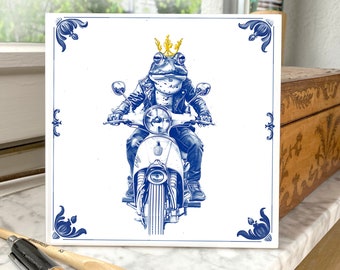 Delft blue tile, coaster, ceramic tile, 15 x15 cm, 10 x10 cm, decorative tile optionally with hanger, wall tile, frog prince