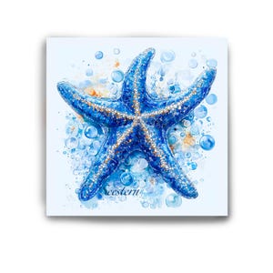 Seestern Fliese in Blautönen, Keramik Untersetzer mit maritimen Motiv, Keramikfliese, 15x15cm, 10x10cm, Schmuck-Kachel Aufhänger optional