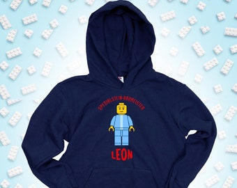 Kinder-Hoodie mit Namen personalisierbar, "BausteinMeister", Geschenkidee zum Geburtstag für Legofans