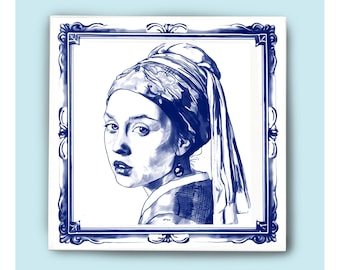 Tile Delft blue, coaster, ceramic tile, 15 x 15, 10 x10 cm, decorative tile opt. with hanger, tile can be laid, pearl earring