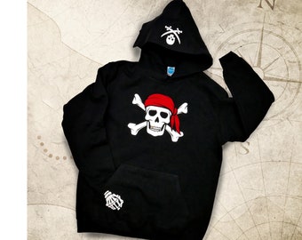 Pirate hoodie for kids, skull with gold tooth, motif on hood and pocket, black, Christmas or birthday gift for boys