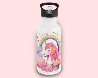 Personalisierte TrinkFlasche aus Edelstahl für Kinder, Einhorn auf Kinderflasche, Kindergarten Flasche mit Namen, Kita Flasche, SchulFlasche