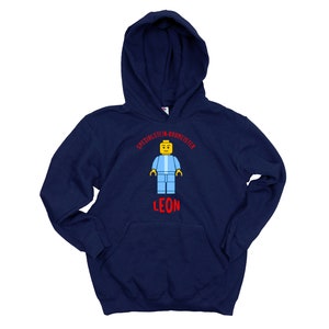 Kinder-Hoodie mit Namen personalisierbar, BausteinMeister, Geschenkidee zum Geburtstag für Legofans Dunkelblau