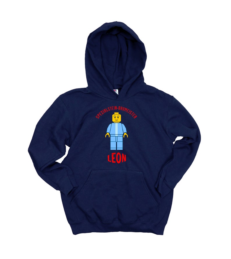 Kinder-Hoodie mit Namen personalisierbar, BausteinMeister, Geschenkidee zum Geburtstag für Legofans Dunkelblau