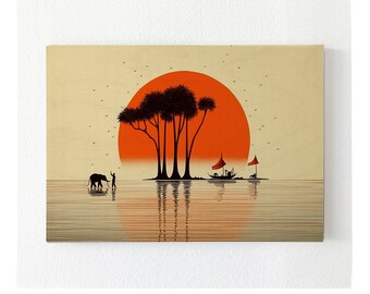 Ruhebild, Rote Abendsonne, Kunstdruck auf Birkenholz, 28 x 20 cm, beruhigendes Traumbild, Meditationbild,