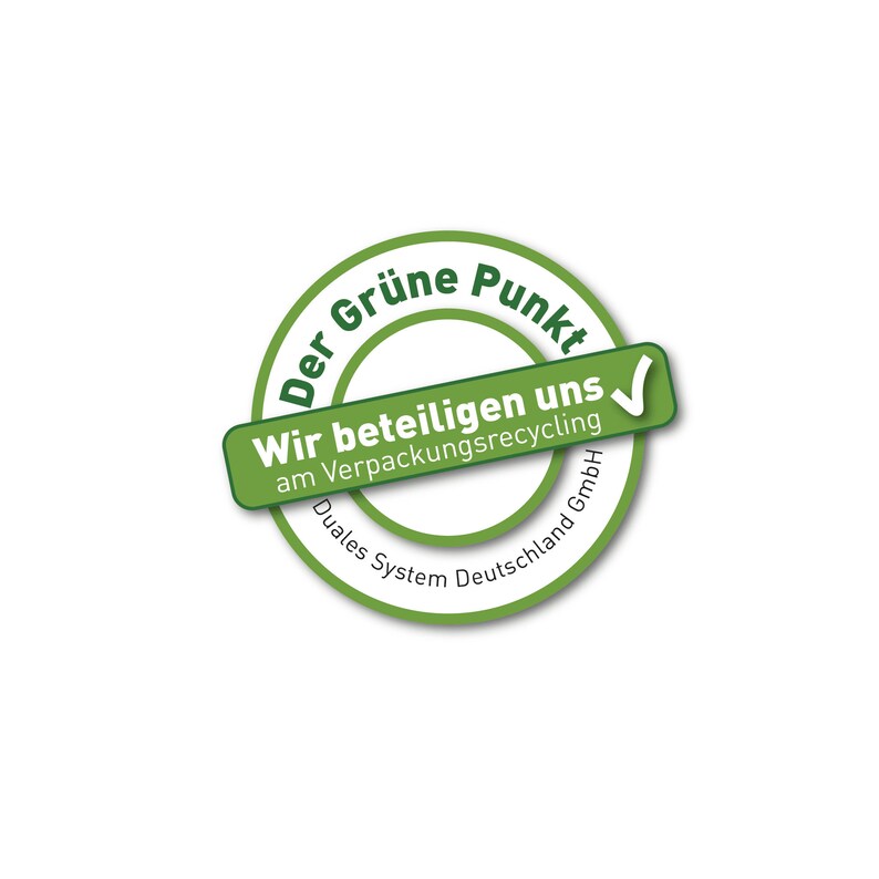 May include: A circular green and white logo with the text "Der Gr&uuml;ne Punkt" in a circular pattern. A green rectangle across the center reads "Wir beteiligen uns am Verpackungsrecycling" with a checkmark. The words "Duales System Deutschland GmbH" are at the bottom.