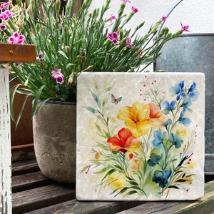 Marmorfliese mit Blumen-Aquarell, dekorative Schmuckkachel aus echtem Marmor, 10x10 cm, 15x15 cm, optional mit Aufhängung, Geschenkidee Bild 5