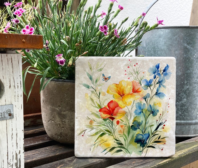 Marmorfliese mit Blumen-Aquarell, dekorative Schmuckkachel aus echtem Marmor, 10x10 cm, 15x15 cm, optional mit Aufhängung, Geschenkidee Bild 5