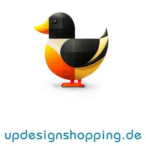 May include: A colorful, geometric duck illustration with a yellow beak, black head, and orange and yellow body. The duck is standing on orange feet. The text "updesignshopping.de" is below the duck.