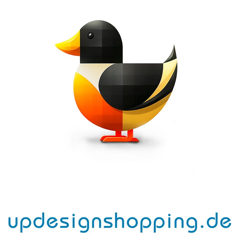 May include: A colorful, geometric duck illustration with a yellow beak, black head, and orange and yellow body. The duck is standing on orange feet. The text "updesignshopping.de" is below the duck.