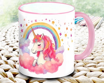 Personalisierbare Mädchentasse mit Einhorn und Regenbogen, rosa Kindertasse, Geburtstagsgeschenk