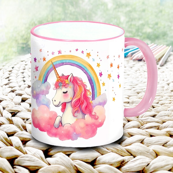 Personalisierbare Mädchentasse mit Einhorn und Regenbogen, rosa Kindertasse, Geburtstagsgeschenk