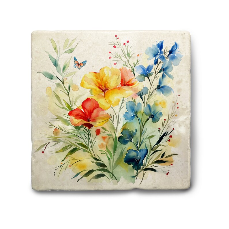 Marmorfliese mit Blumen-Aquarell, dekorative Schmuckkachel aus echtem Marmor, 10x10 cm, 15x15 cm, optional mit Aufhängung, Geschenkidee Blumen mittig