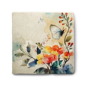 Marmorfliese mit Blumen-Aquarell, dekorative Schmuckkachel aus echtem Marmor, 10x10 cm, 15x15 cm, optional mit Aufhängung, Geschenkidee mit Schmetterling