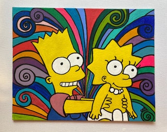 7"x9" ORIGINAL Lisa and Bart Simpson, The Simpsons, acrylic painting on canvas board.