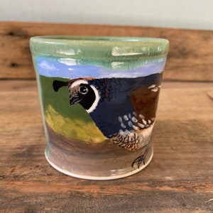 Hand-Painted Quail Mug: Earthenware Ceramic
