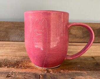 Big Pink Mug with Carved Trout