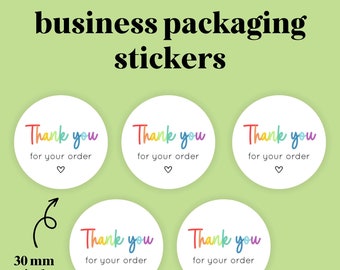 May include: Five 30 mm round white stickers with rainbow text that says "Thank you for your order" and a small heart symbol.