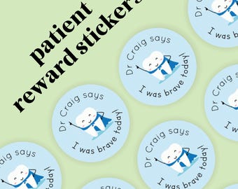 パーソナライズされた歯科医は、私が勇敢だったと言います。歯医者医療の勇気の贈り物。かわいい薬、よくできました。35枚のステッカー、30 mmラベル、賞賛のご褒美。
