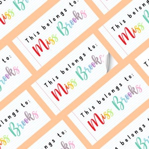 35x Esto pertenece al profesor Papel forrado Arco iris Texto de fuente cursiva Personalizado 25 x 50 mm Pegatinas de libros de lectura Adhesivo de regalo de ratón de biblioteca 019