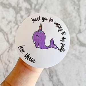 35x Thank You For Coming To My Birthday Narwhal Circle 30mm Thank You Cute Personalised Custom Party Labels Sticker Bag 077