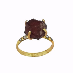 January Birthstone Raw Garnet Ring, Pave Set CZ Ring, Handmade Gemstone Ring, Rough Stone Gold Plated Jewelry, Birthday Gift, Selling/Piece