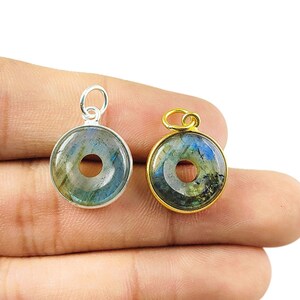 Labradorite Donut Shape Pendant - Size 14mm, Gold Plated Bezel Set Pendant, Sterling Silver Charm, Tiny Handmade Jewelry, Selling Per Piece