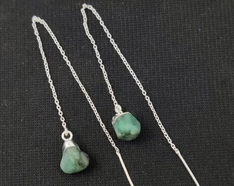 Raw Emerald Gemstone Threader Earrings - Solid Silver Threader Earring - May Birthstone Earrings Jewelry - Selling Per Pair Mother's Day