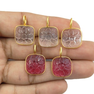 Pink Tourmaline Quartz Cushion Pendant - Crystal Quartz Charms - Gold Vermeil Flower Carving Necklace - Gift For Her - Selling Per Piece