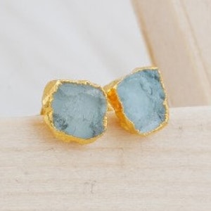 Raw Aquamarine Electroplated Stud Earrings, Selling By Per Pair