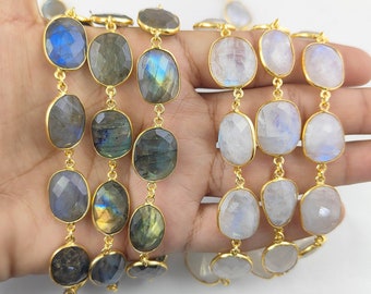 Chaîne lunette en labradorite et pierre de lune - Chaîne lunette en pierres précieuses de 13-15 mm, chaîne de connecteur, chaîne de bracelet, chaîne de collier, vente au pied